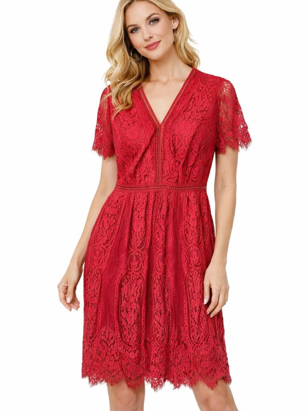 MEROKEETY Deep Rose Lace Dress V Neck XL NWT Short Sleeve Occasion